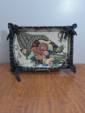 Fall Harvest Woven Tapestry Plaid Tray Bread Basket Cornucopia Fruit Decor 15x10